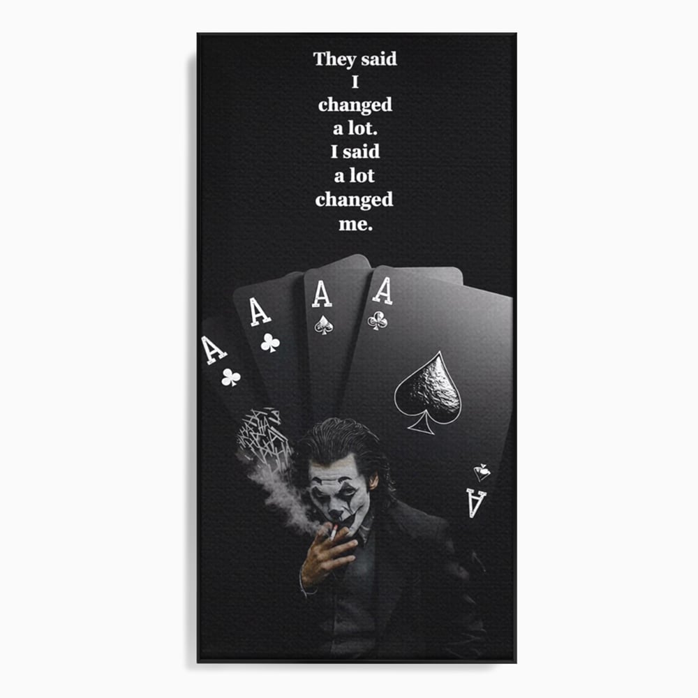 Tablou canvas cu tablou motivational cu joker si carti de joc, in rama de aluminiu negru
